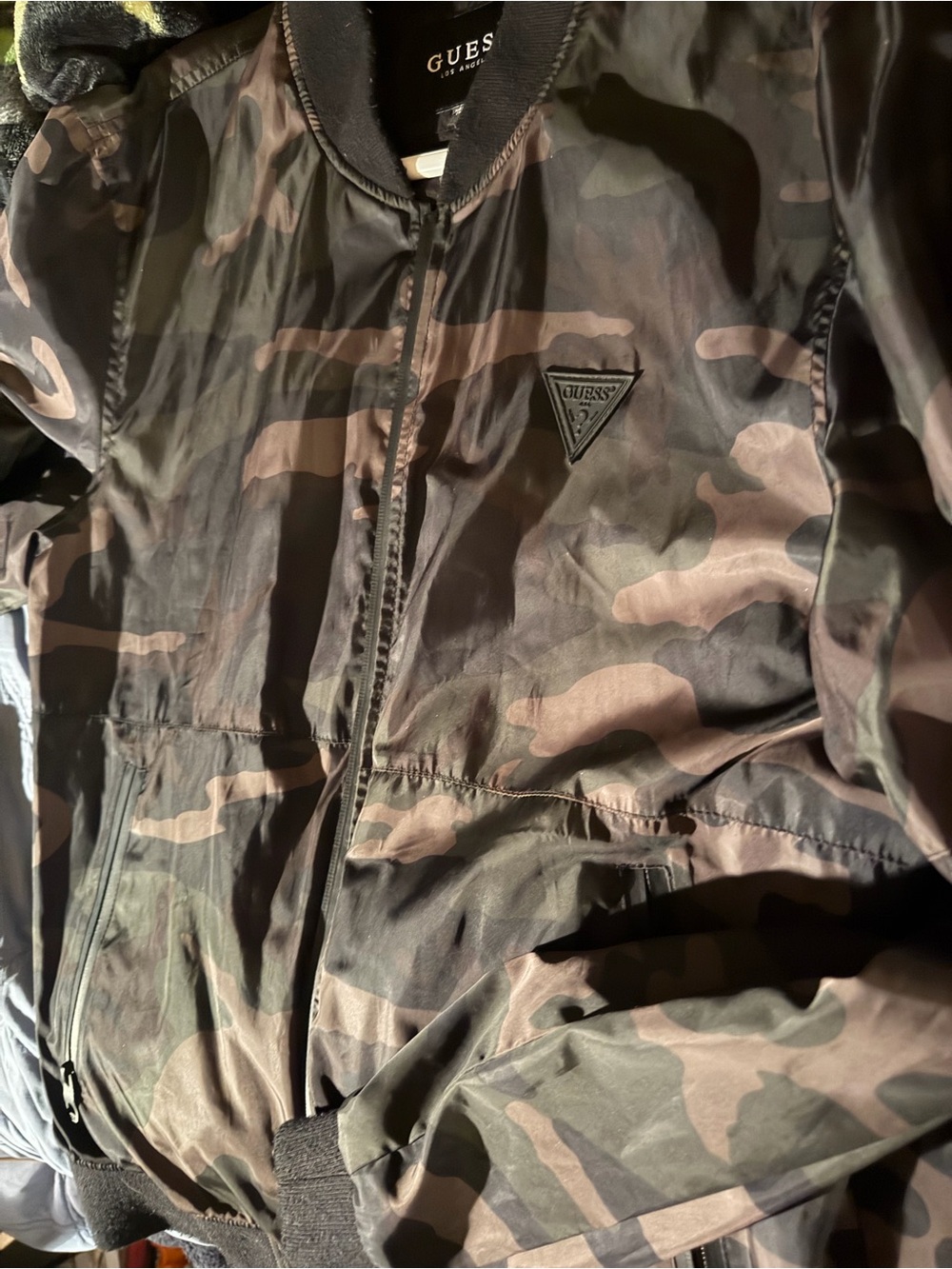 GUESS Men’s Camo Bomber Jacket - Olive & Black